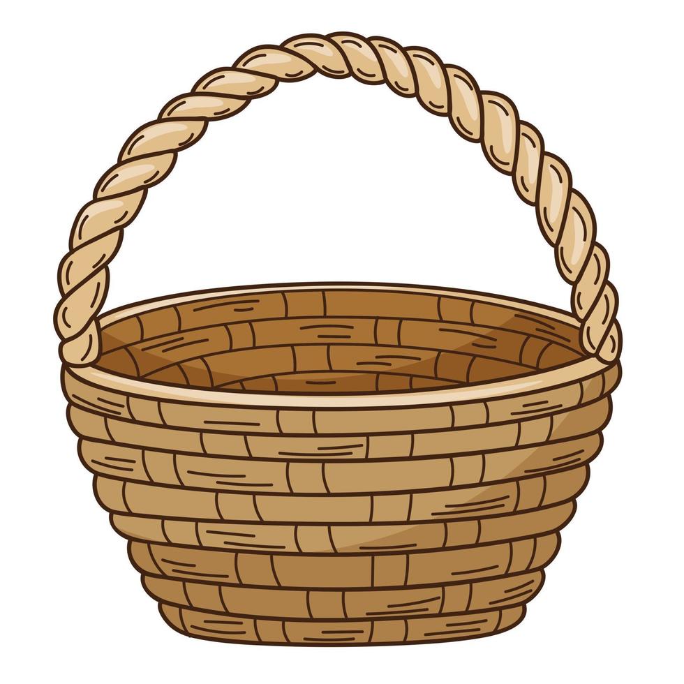 An empty wicker basket. Decorative element with an outline. Doodle, hand-drawn. Flat design. Color vector illustration. Isolated on a white background.