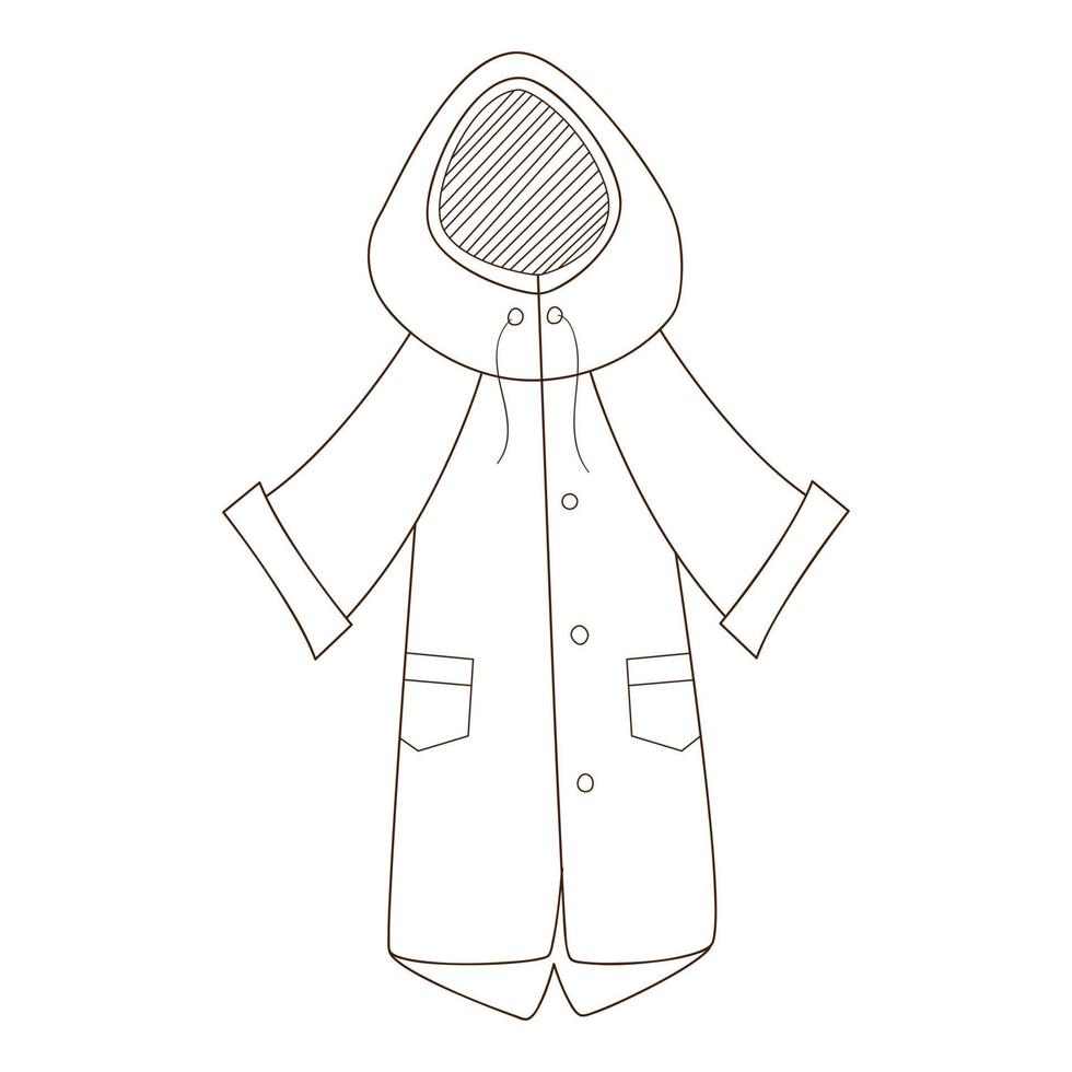 A raincoat with a hood. Autumn outerwear. Design element with outline. Autumn theme. Doodle, hand-drawn. Black white vector illustration. Isolated on a white background