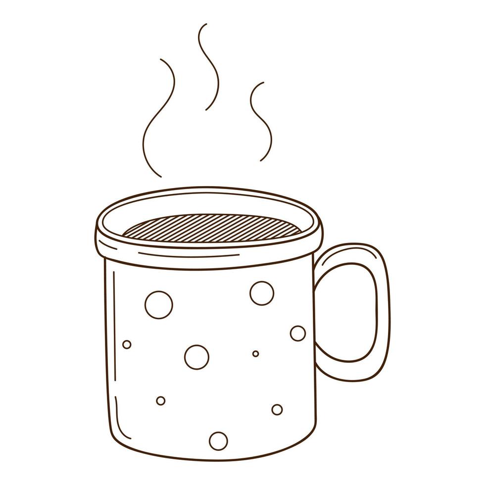 una taza de té o café caliente, cacao. una bebida matutina caliente y vigorizante. elemento de diseño con contorno. garabato, dibujado a mano. ilustración vectorial en blanco y negro. Aislado en un fondo blanco vector