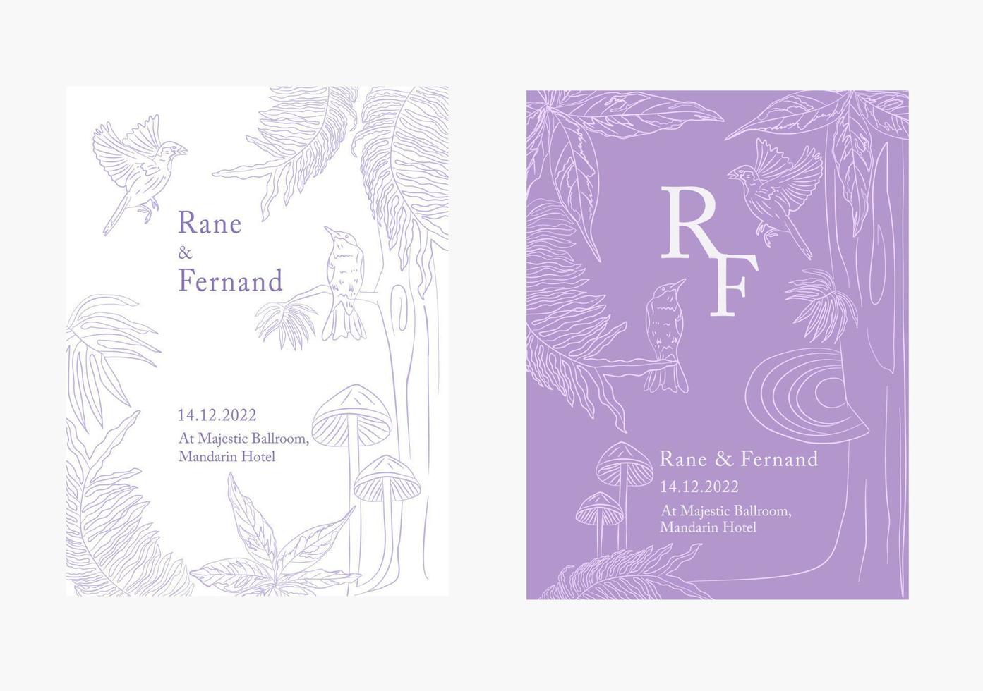 Floral wedding invitation with forest theme in violet shade background vector