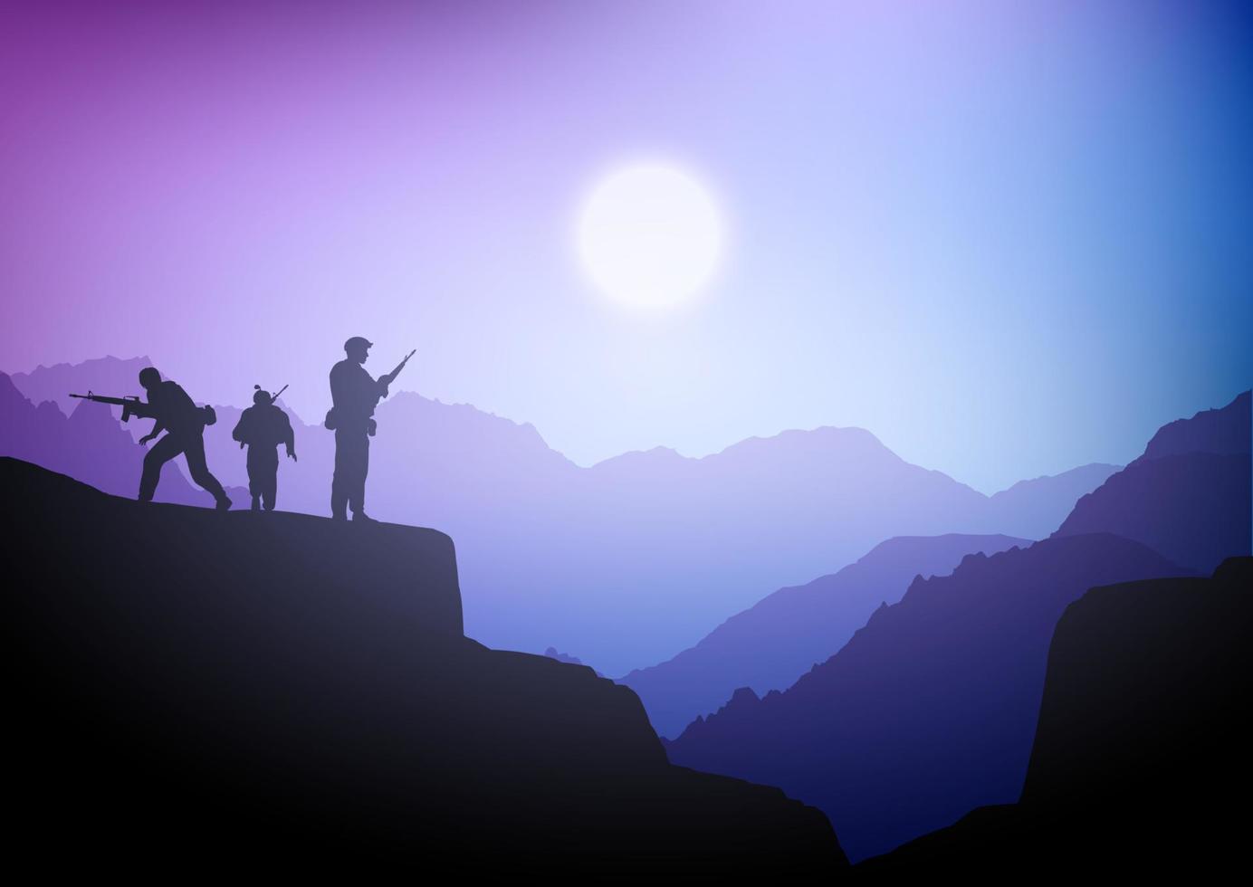 Silhouettes of soldiers in a purple sunset landscape vector