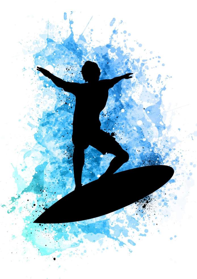 silueta de un surfista sobre fondo de acuarela con temática oceánica vector