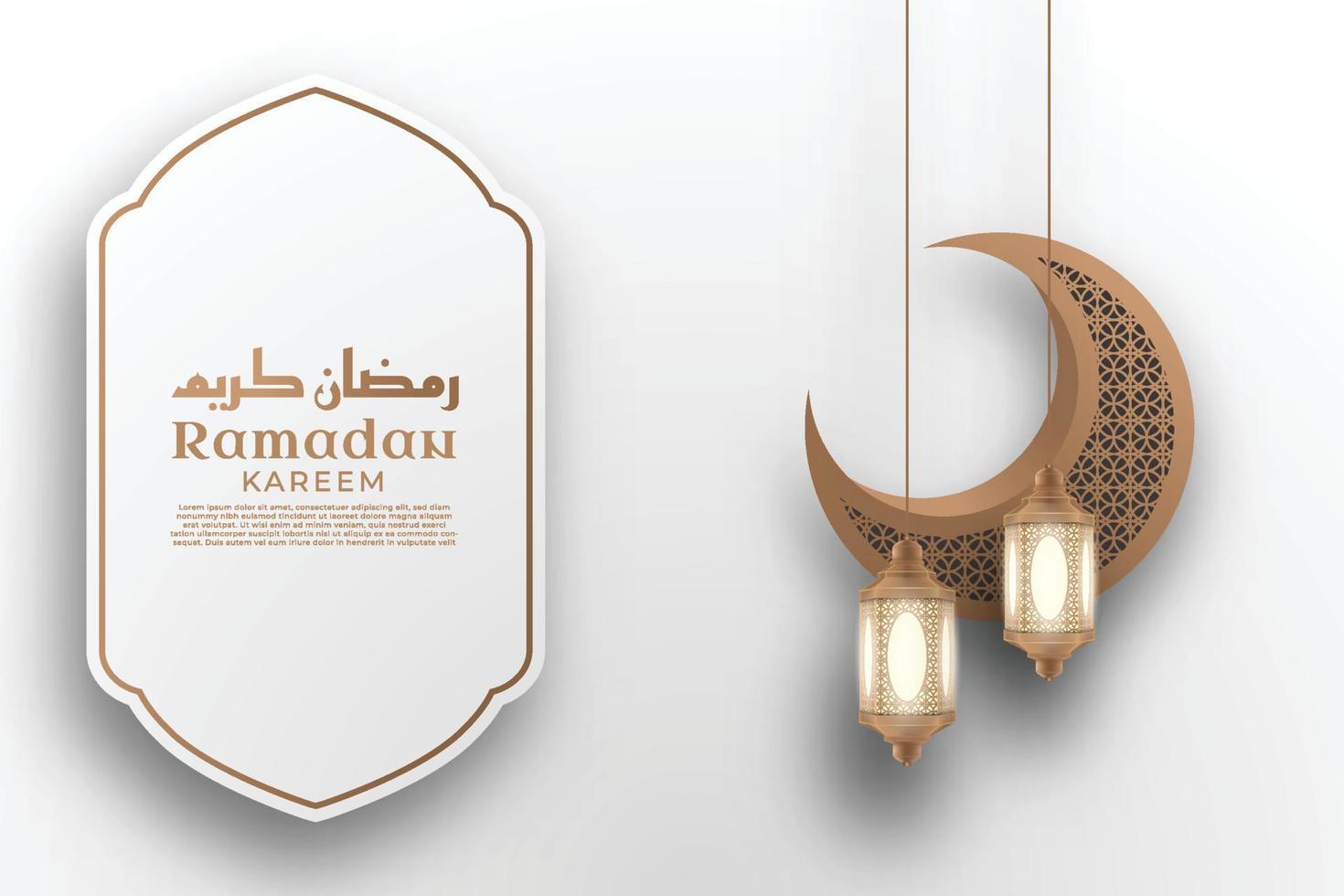 Realistic Islamic Ramadan Kareem Background with ornament hanging and white frame Premium Vector