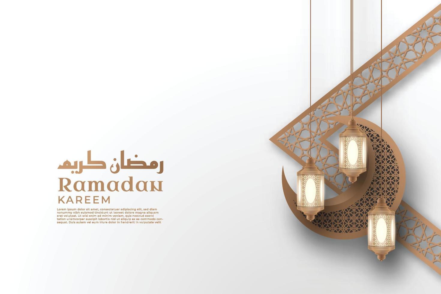 Realistic Ramadan Kareem Background with ornament hanging in top frame rectangle Premium Vector