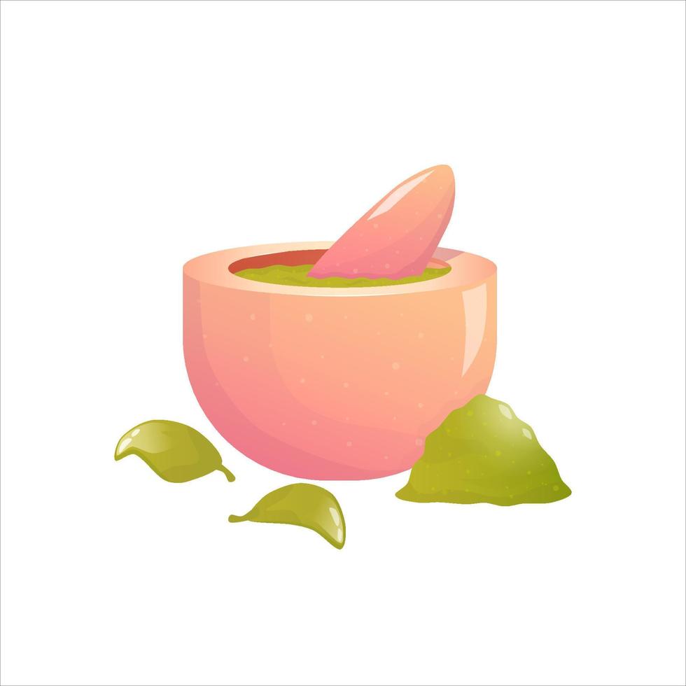 Mortar with mint or matcha tea isolated on white background. Ceramic mortar with leaves and a pile of powder. Cartoon vector illustration.