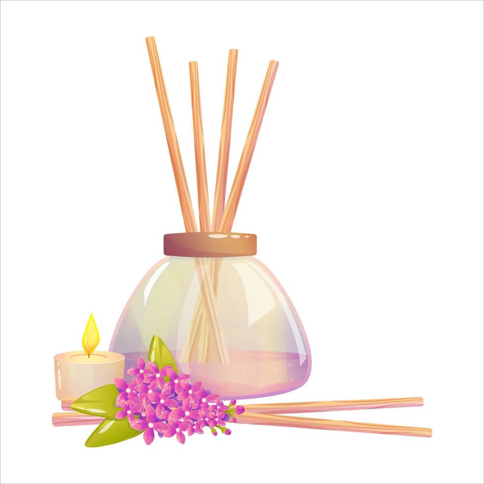 Aromatherapy with wooden sticks, lilac flower and candle. Fragrant sticks for relaxation, meditation and health. Lavender oil in a scent bottle. Cartoon vector illustration.