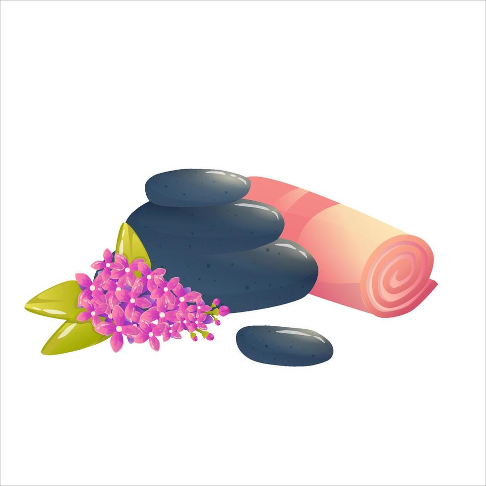 Hot stones for relaxation and massage, with towel and purple lilac flower on a white background. Stones for spa, body massage. Cartoon vector illustration.
