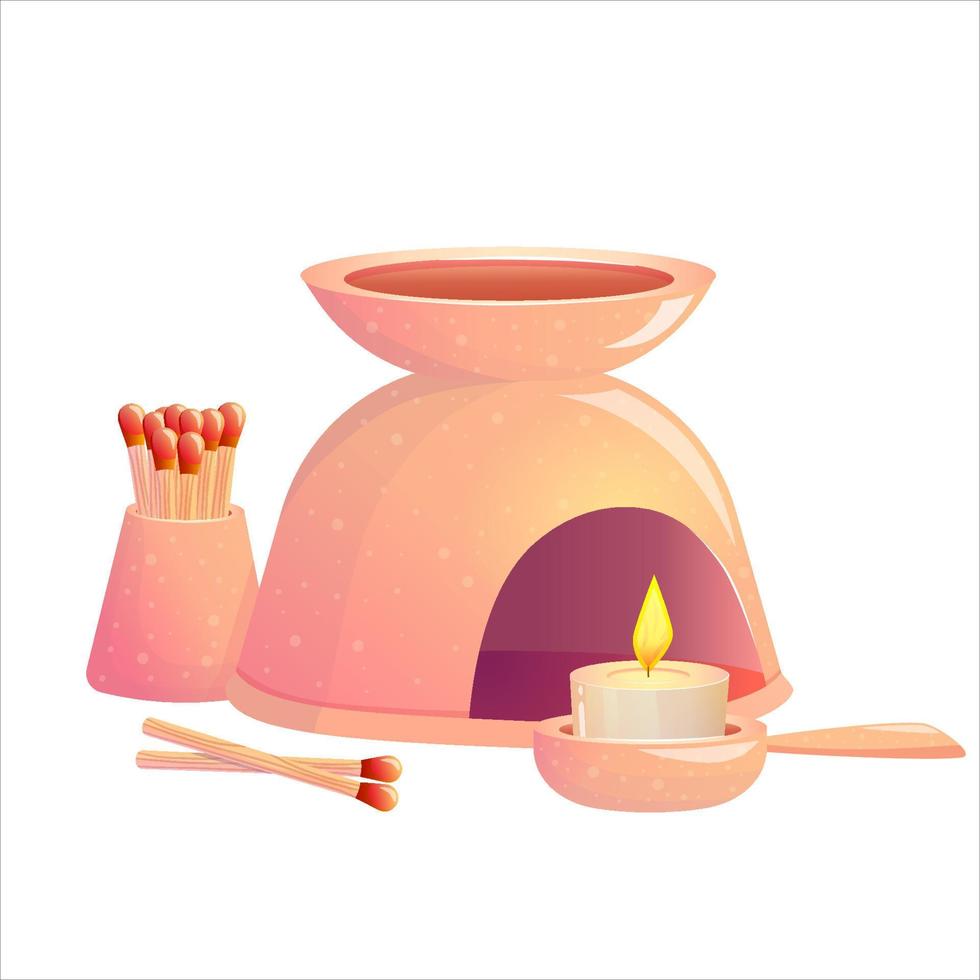 Set of aroma lamp with matches and a candle for relaxation and meditation isolated on a white background. Cartoon vector illustration