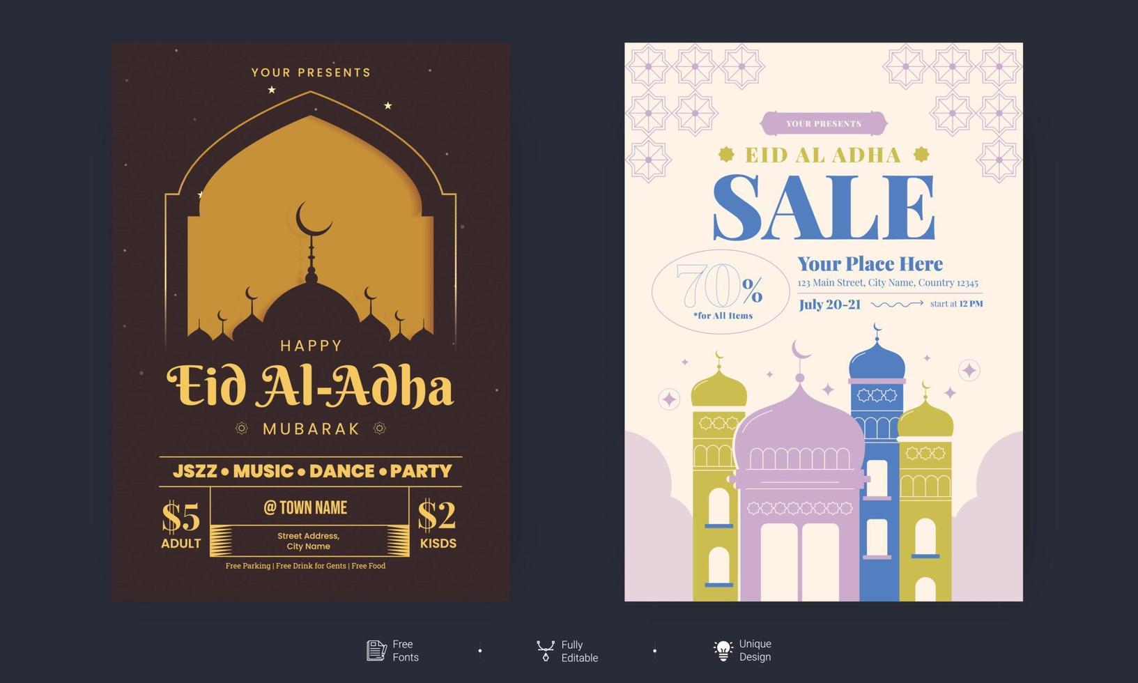 folleto de eid al adha. eid, ramadan kareem conjunto de carteles o diseño de invitaciones. tarjeta de felicitación retro decorativa o diseño de diseño de invitación vector