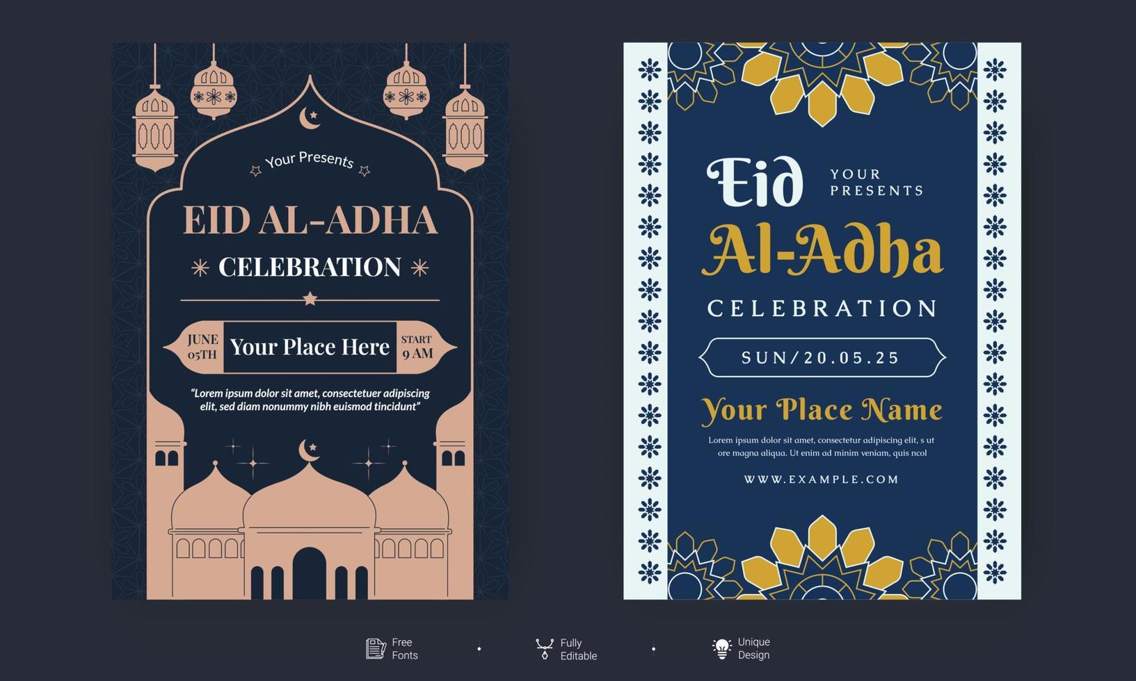 Eid Al Adha Flyer. Eid, Ramadan Kareem set of posters or invitations design. decorative retro greeting card or invitation layout design vector