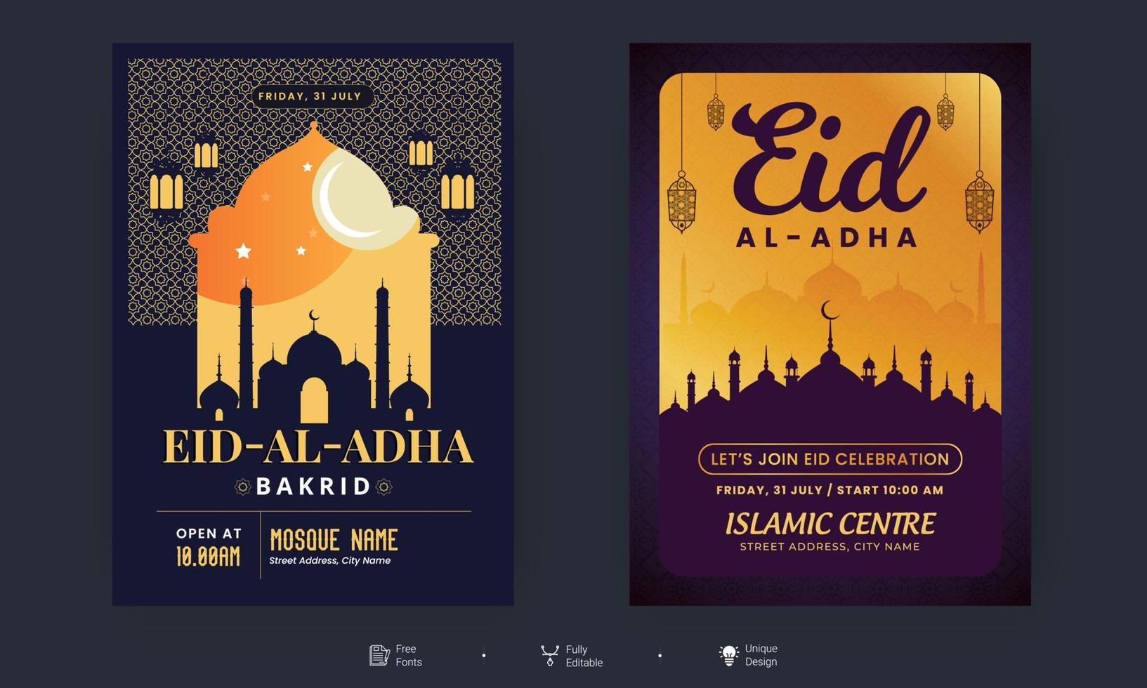 Eid Al Adha Flyer. Eid, Ramadan Kareem set of posters or invitations design. decorative retro greeting card or invitation layout design vector