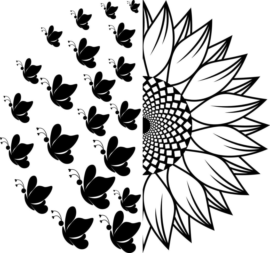 Side view of multiple butterfly silhouettes and half sunflower outline vector. vector
