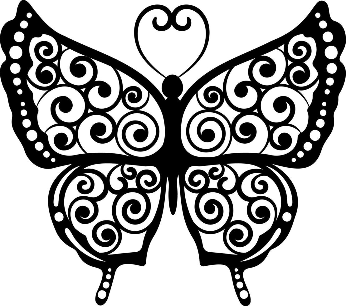hermosa e intrincada ilustración de mariposa vectorial de contorno ornamental en blanco y negro aislada en un fondo blanco para diseño gráfico, textil, tipografía, pancarta, postal, libro de colorear vector