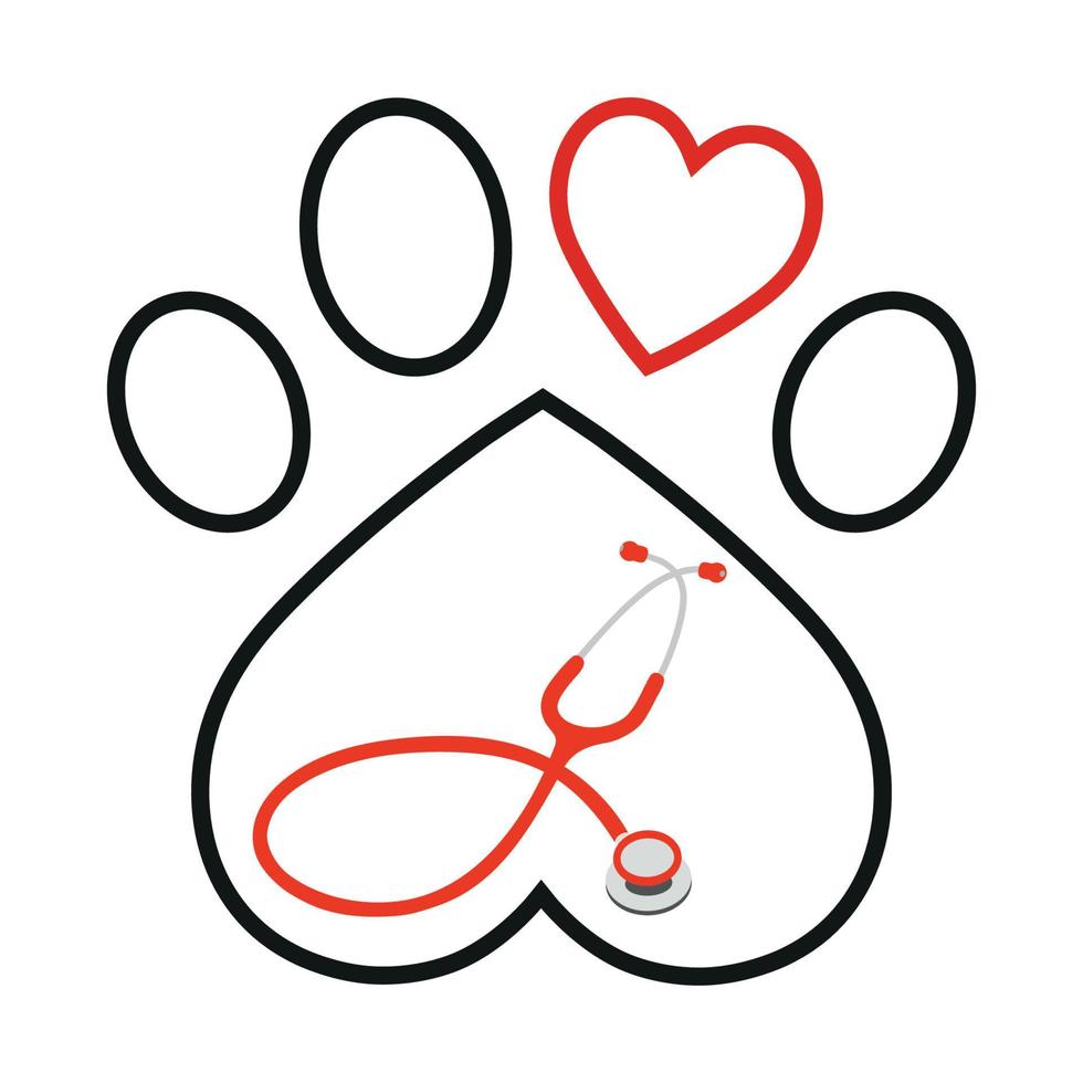 emblema veterinario de pata de perro con estetoscopio en forma de corazón vector