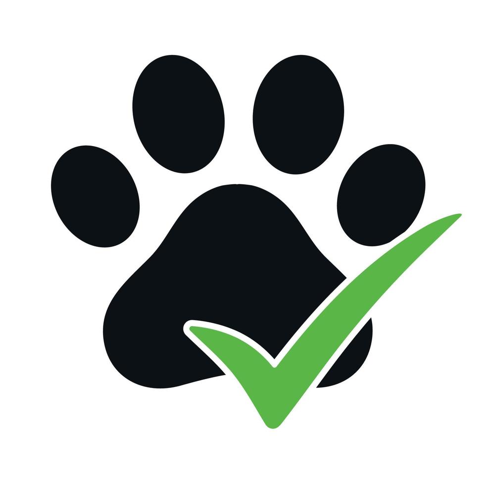 Black silhouette of a paw footprint with a green tick approved vector