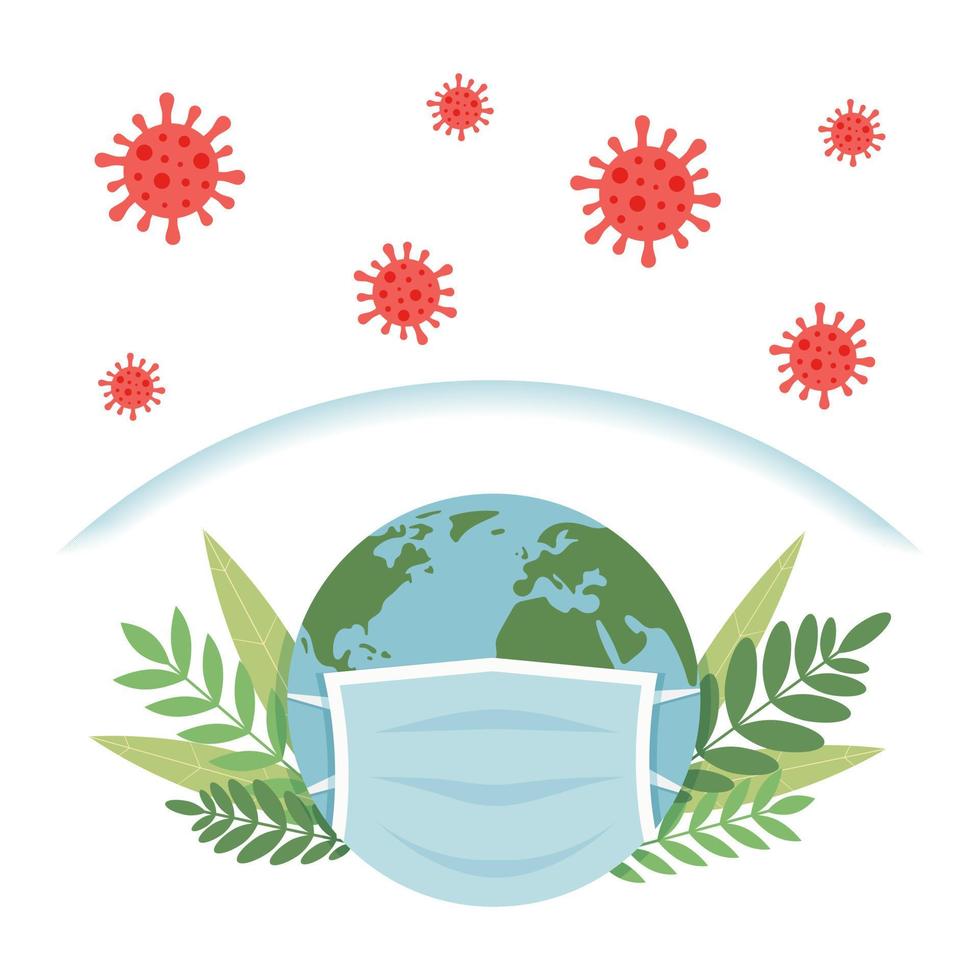 Planet Earth in medical mask. Invisible shield protects the planet from coronavirus infection. Prevention of influenza and coronavirus infection COVID 19. Vector illustration in flat cartoon style.