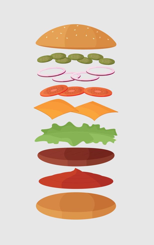 Burger ingredients set. Bun, cutlet, tomatoes, cucumbers, onions, cheese, ketchup and lettuce. Vector illustration of flat icons on white background.