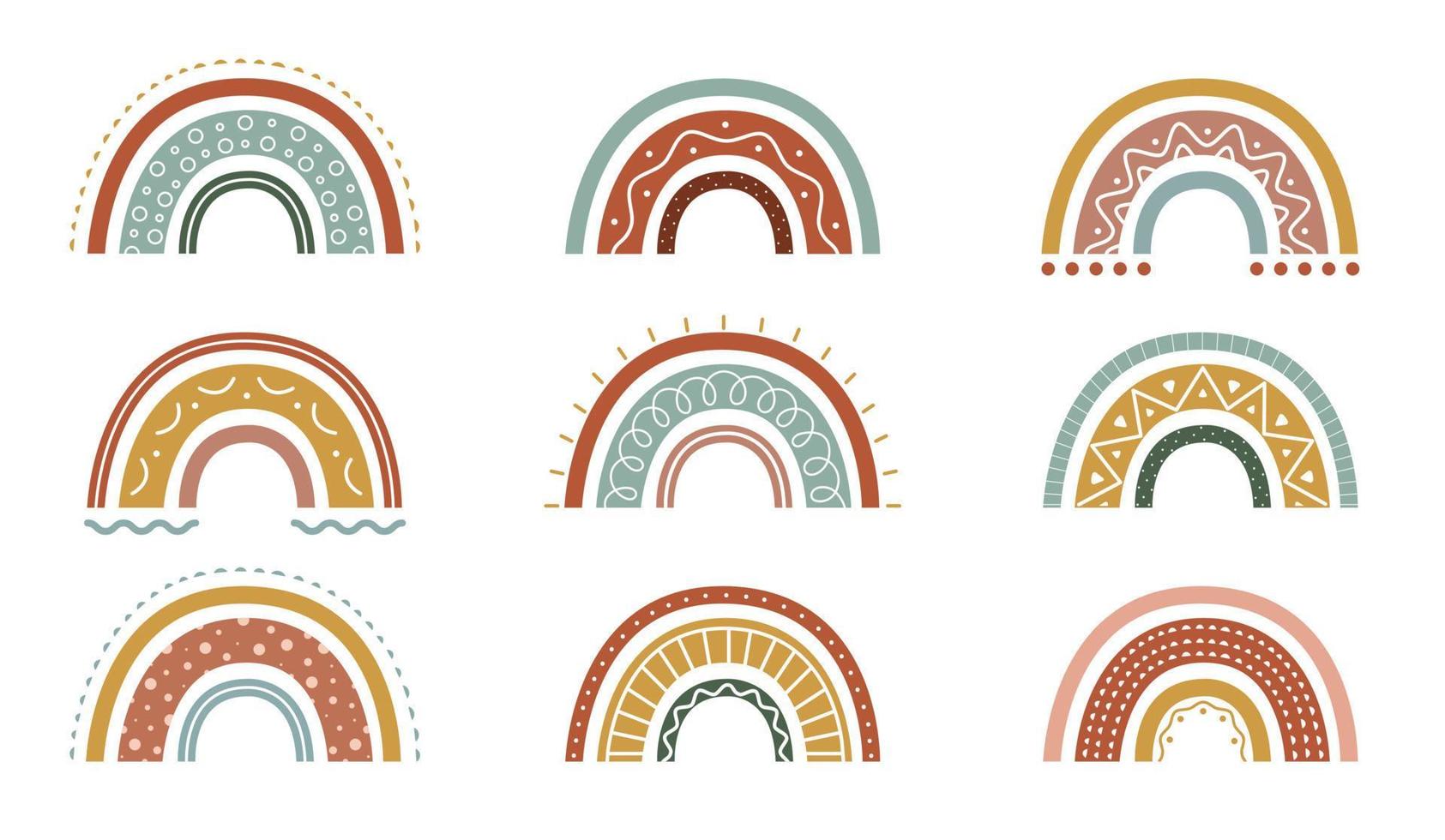 Set of organic rainbows. Cute pattern on arch in boho style. Scandinavian design for baby print. Vector illustration in  hand drawn doodle style isolated on white background.