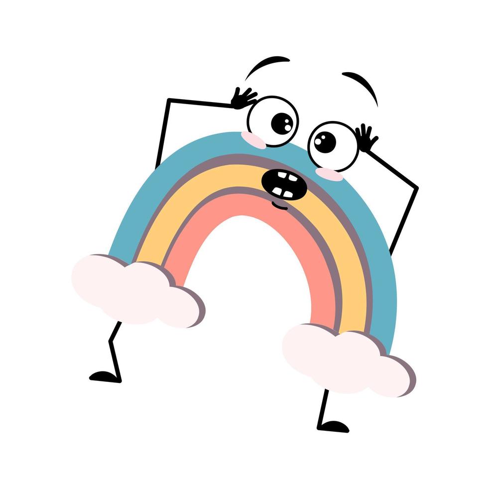 Cute rainbow character with panic emotions, surprised face, shocked eyes, arms and legs. Person with scared expression and pose. Vector flat illustration