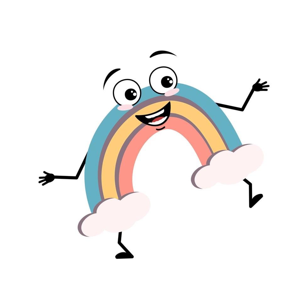 Cute rainbow character with happy emotion, joyful face, smile eyes, arms and legs. Person with funny expression and pose. Vector flat illustration