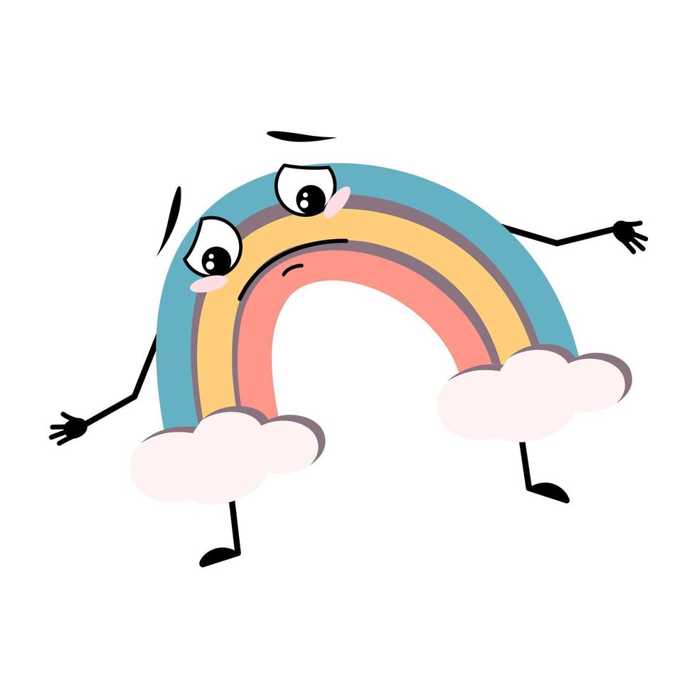 Cute rainbow character with sad emotions, depressed face, down eyes, arms and legs. Person with melancholy expression and pose. Vector flat illustration