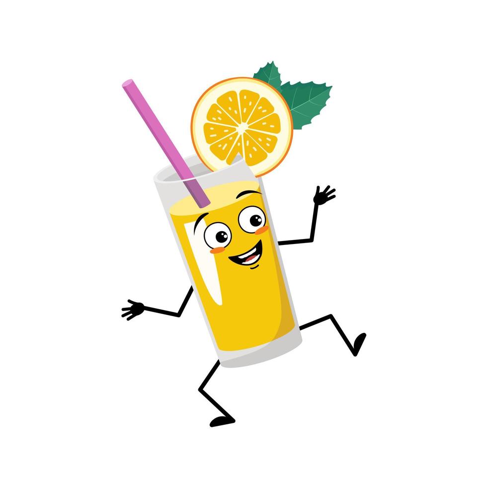Orange smoothie with fruit and straw character  with joyful emotions, happy face, smile eyes, arms and legs. Healthy vitamin drink in glass funny facial expression and pose. Vector flat illustration