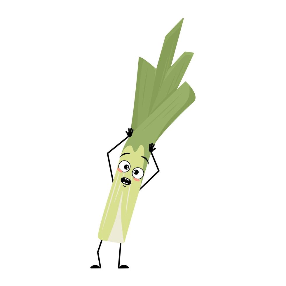 Cute green leek character with panic emotions, surprised face, shocked eyes, arms and legs. Healthy vegetable with scared expression and posture, rich in vitamins. Vector flat illustration