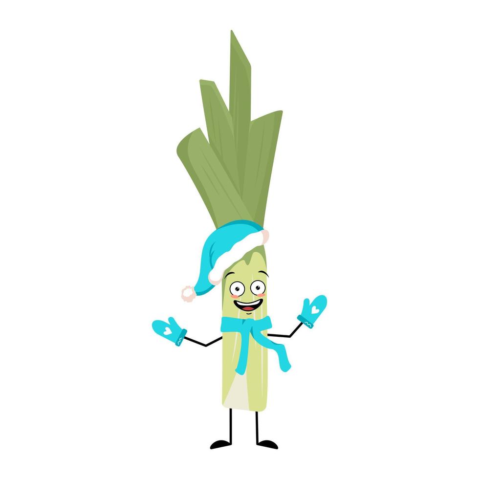 lindo personaje de puerro verde con sombrero de santa con emoción feliz, cara, ojos sonrientes, brazos y piernas. verdura saludable con expresión y postura, rica en vitaminas. ilustración plana vectorial vector