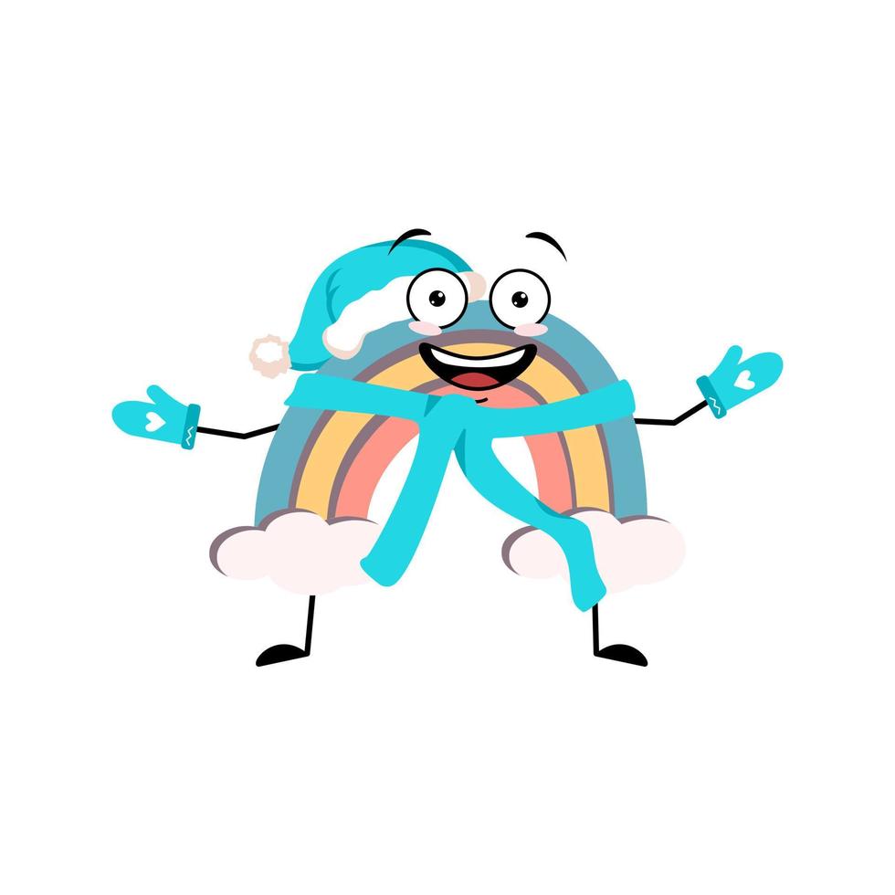 lindo personaje de arco iris en sombrero de santa con emoción feliz, cara alegre, ojos sonrientes, brazos y piernas. persona con expresión divertida y pose. ilustración plana vectorial vector