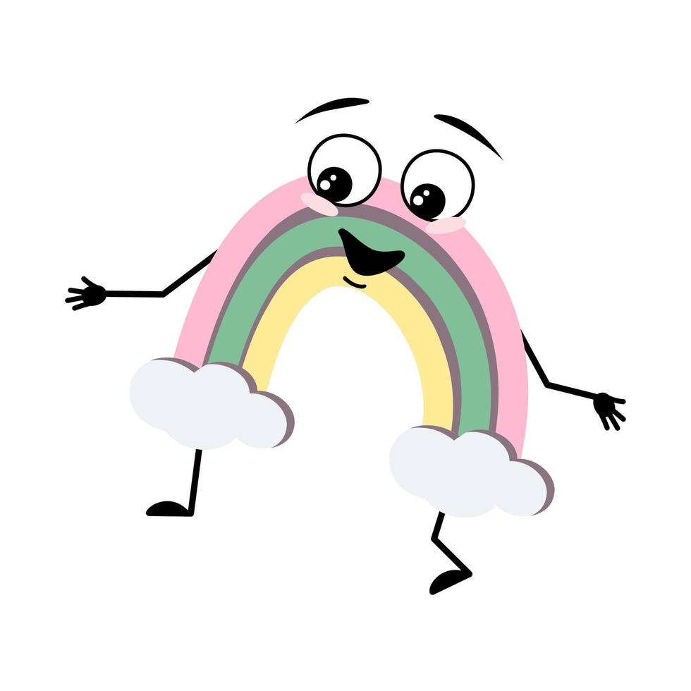 lindo personaje de arco iris con emoción feliz, cara alegre, ojos sonrientes, brazos y piernas. persona con expresión divertida y pose. ilustración plana vectorial vector