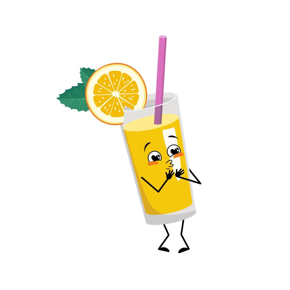 Orange smoothie with fruit and straw character  with love emotions, smile face, arms and legs. Healthy drink in glass with funny expression and pose. Vector flat illustration