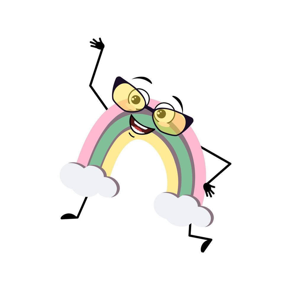 Cute rainbow character with glasses and happy emotion, face, smile eyes, arms and legs. Person with funny expression and pose. Vector flat illustration