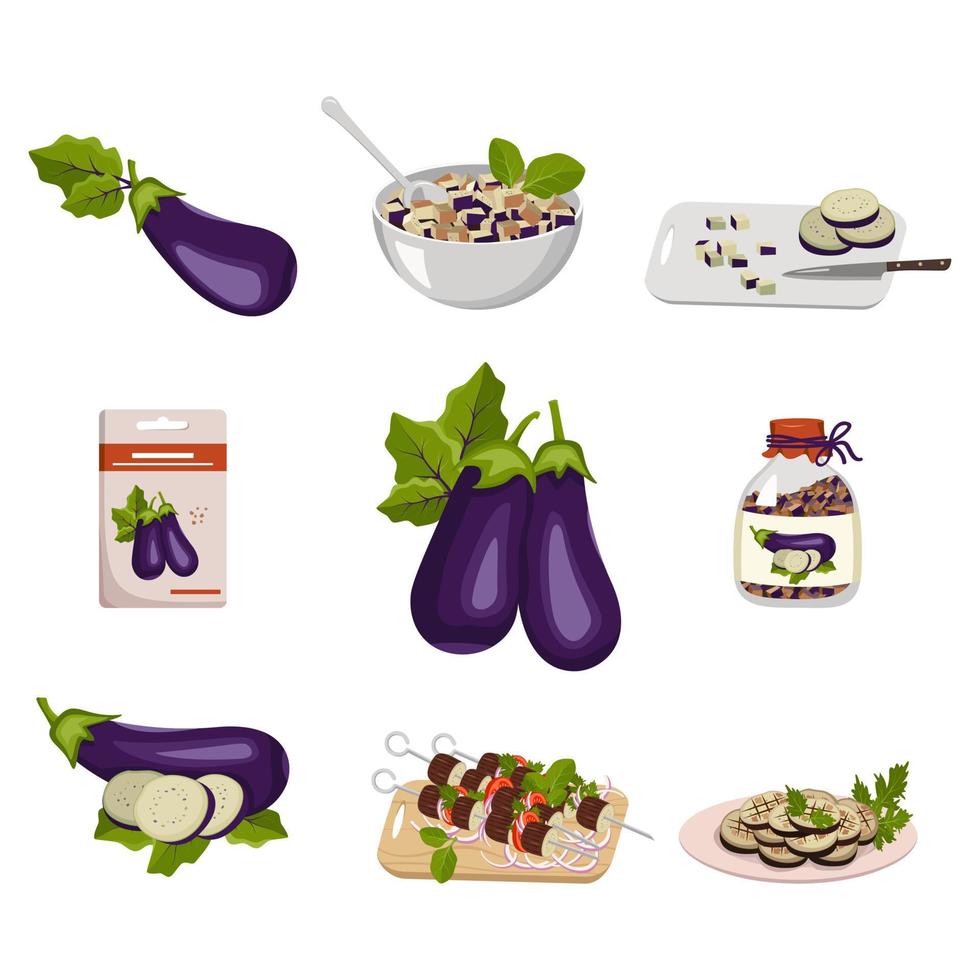 Purple eggplant icons set. Whole vegetable and slices, circles with seeds and leaves. Diced food in bowl and cutting board. Plant in jar, barbecue on skewer, dish on grill. Vector flat illustration