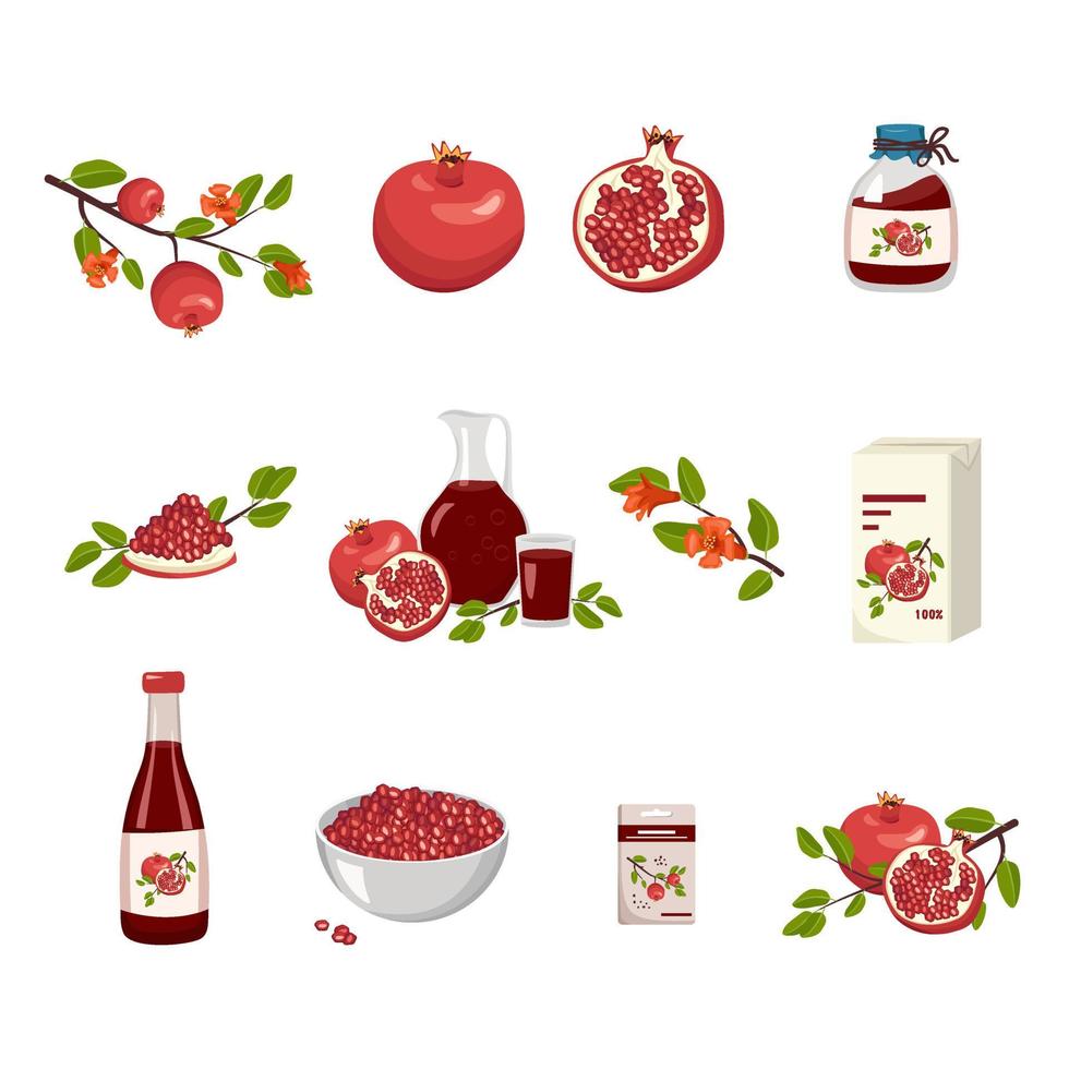 conjunto de iconos de granada roja. frutas enteras y mitades con granos, hojas y flores, jugo en botella y paquete, jarra y vaso, mermelada en frasco y trozos en tazón. alimentos dulces para la dieta. ilustración plana vectorial vector