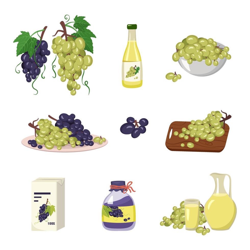 Set of icons of grapes and products. Clusters of ripe berries with leaf and vine, healthy juice in bottle, jug or glass, jam in jar of ripe fruit, product on board and plate. Vector flat illustration