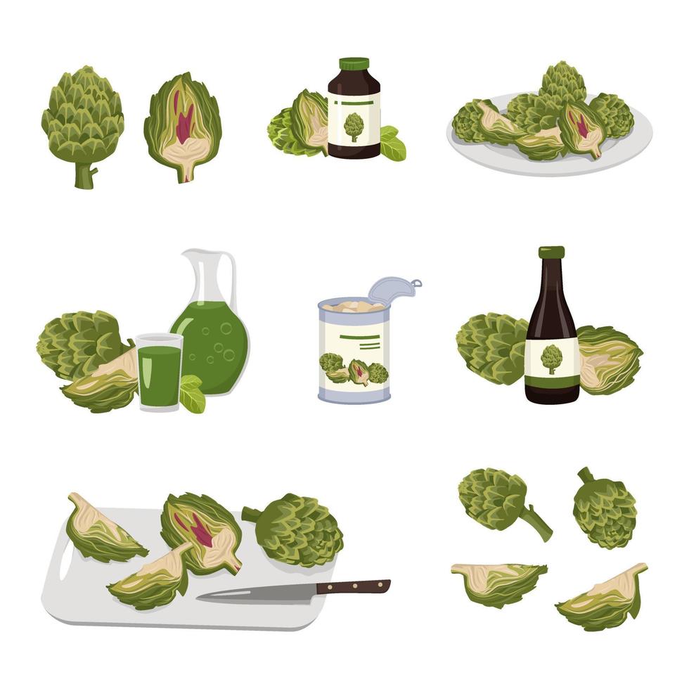 Icon set of artichoke and products from its. Whole vegetable and halves with leaves, healthy juice and medicine from plant, canned food in jar, sliced product on board and plate. Vector illustration