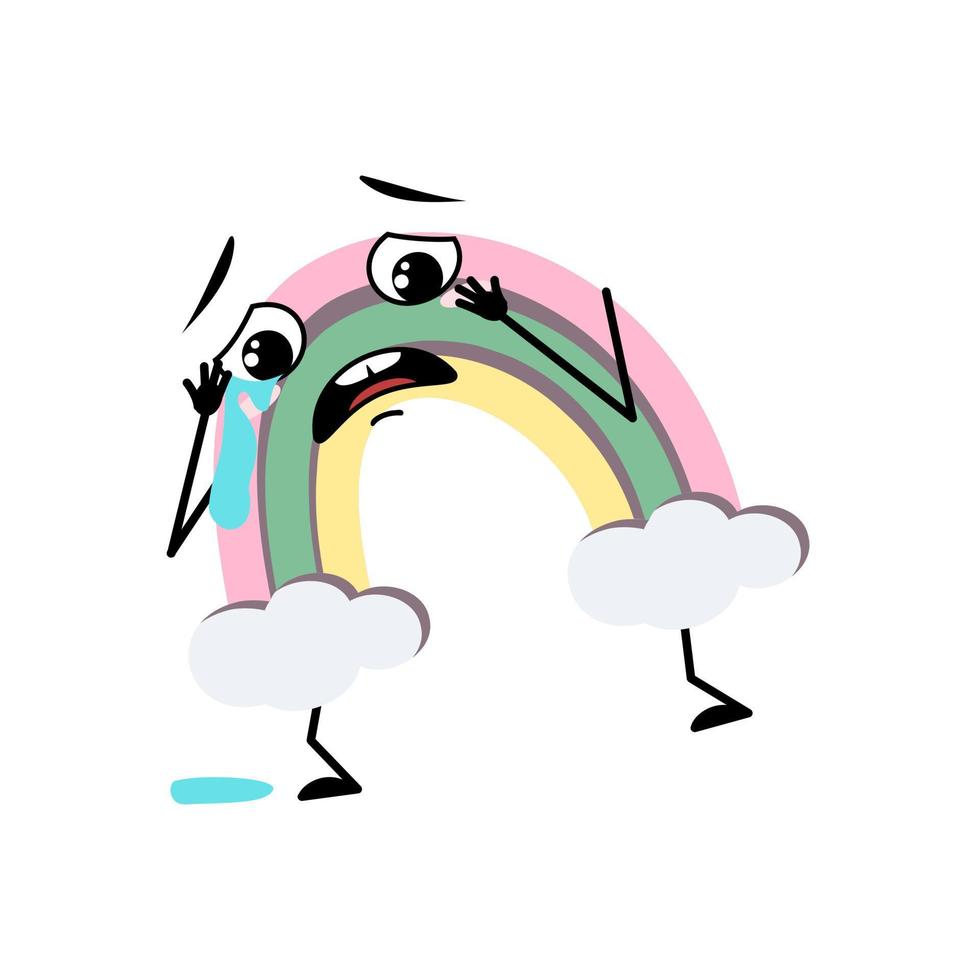 Cute rainbow character with crying and tears emotion, sad face, depressive eyes, arms and legs. Person with melancholy expression and pose. Vector flat illustration