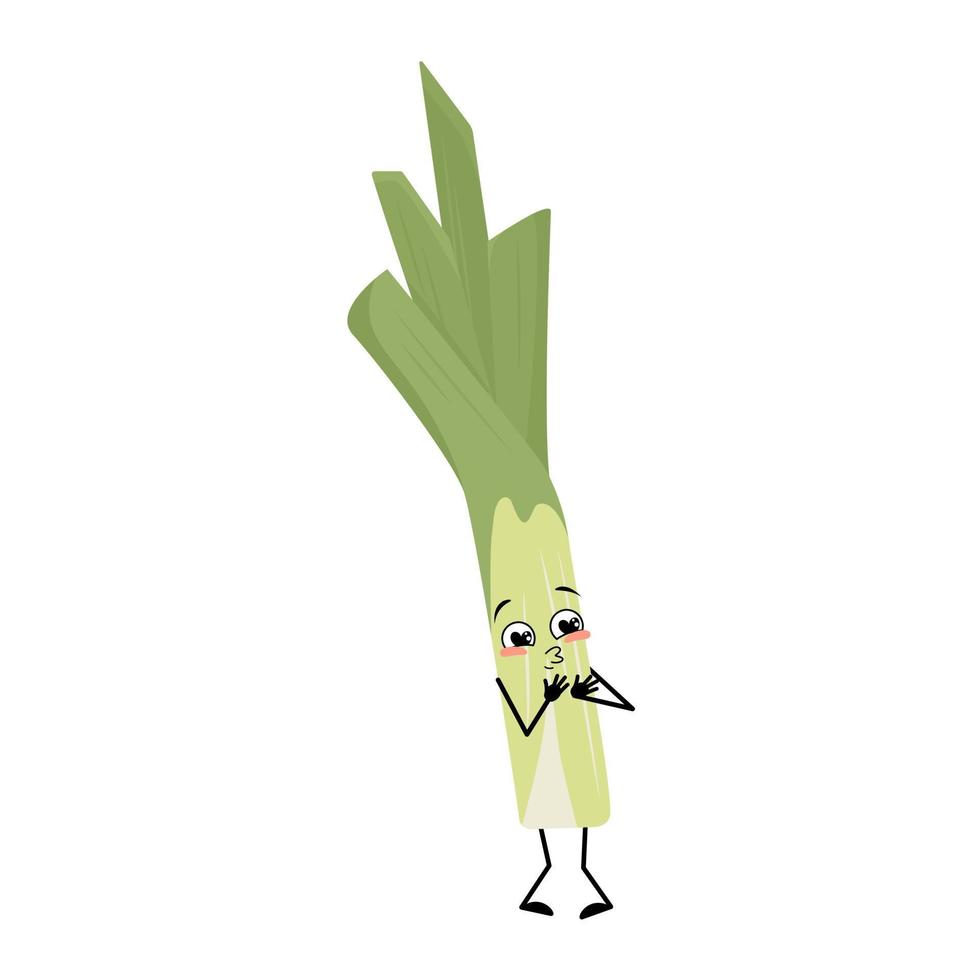 Cute green leek character with love emotions, smile face, arms and legs. Healthy vegetable with funny expression and posture, rich in vitamins. Vector flat illustration