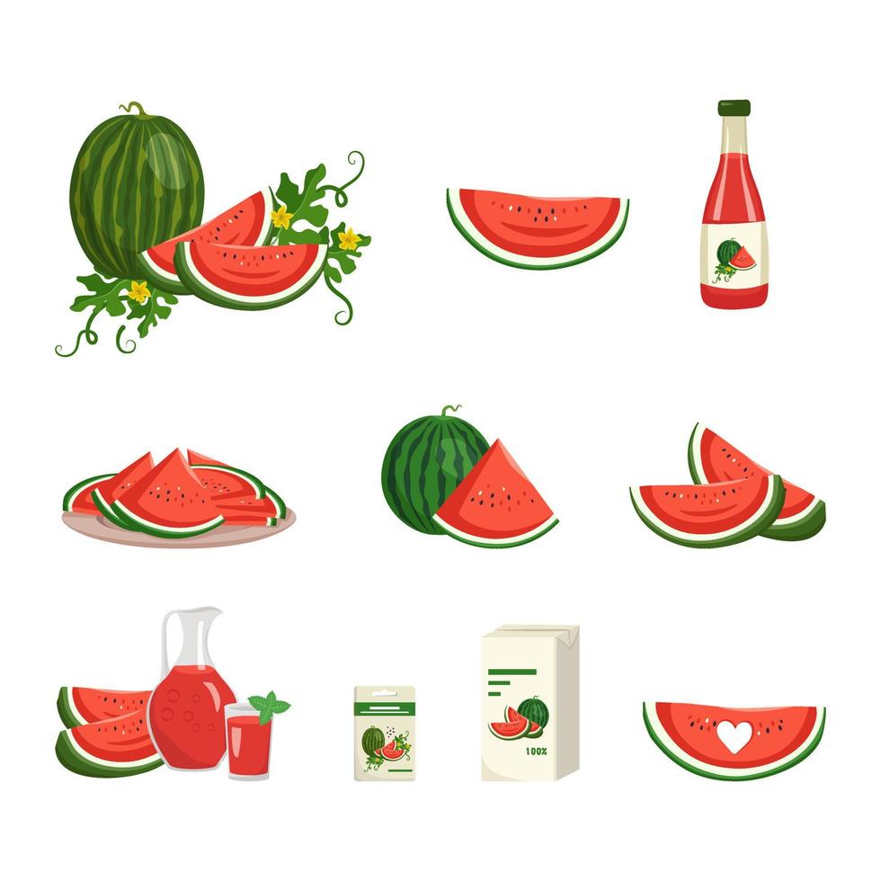 Set of red and green watermelon icons. Striped fruit with seeds, leaf and flower. Juice in bottle, pack, jug and glass, seeds for planting and harvesting. Sweet food for diet. Vector flat illustration