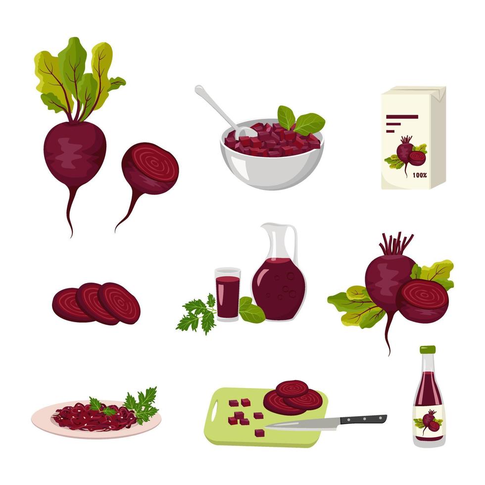 Beetroot and beet products icons set. Whole vegetable and halves with leaves, juice in bottle, jug and glass, grated food on plate and pieces in bowl. Sweet food for diet. Vector flat illustration