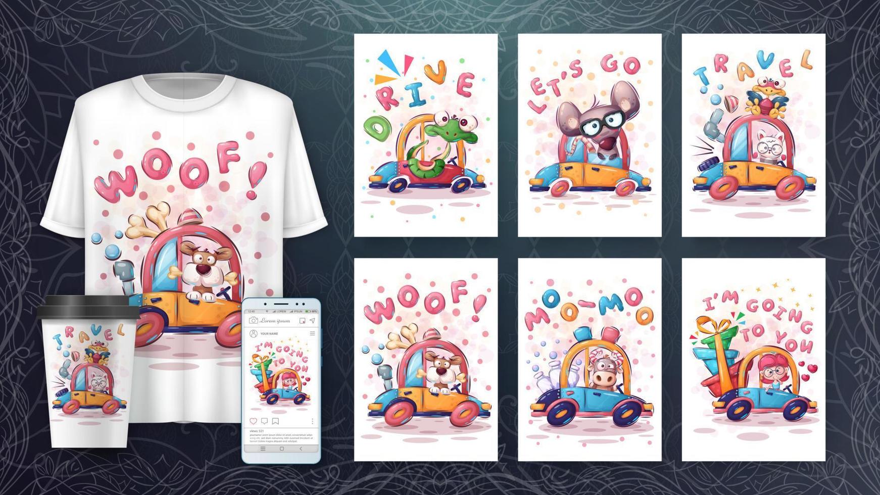 Set cartoon character childish animal in the car vector