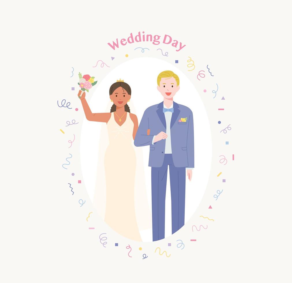 Bride and groom of various races are waving hands and smiling happily. vector