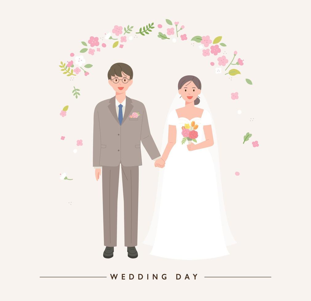 Cute Asian groom and bride characters. flat design style vector illustration.