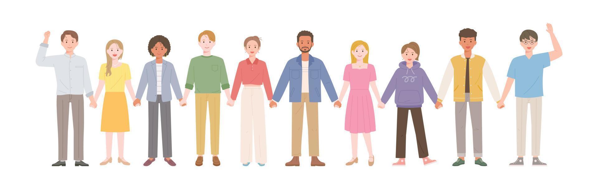 People of different races are standing holding each other's hands. vector