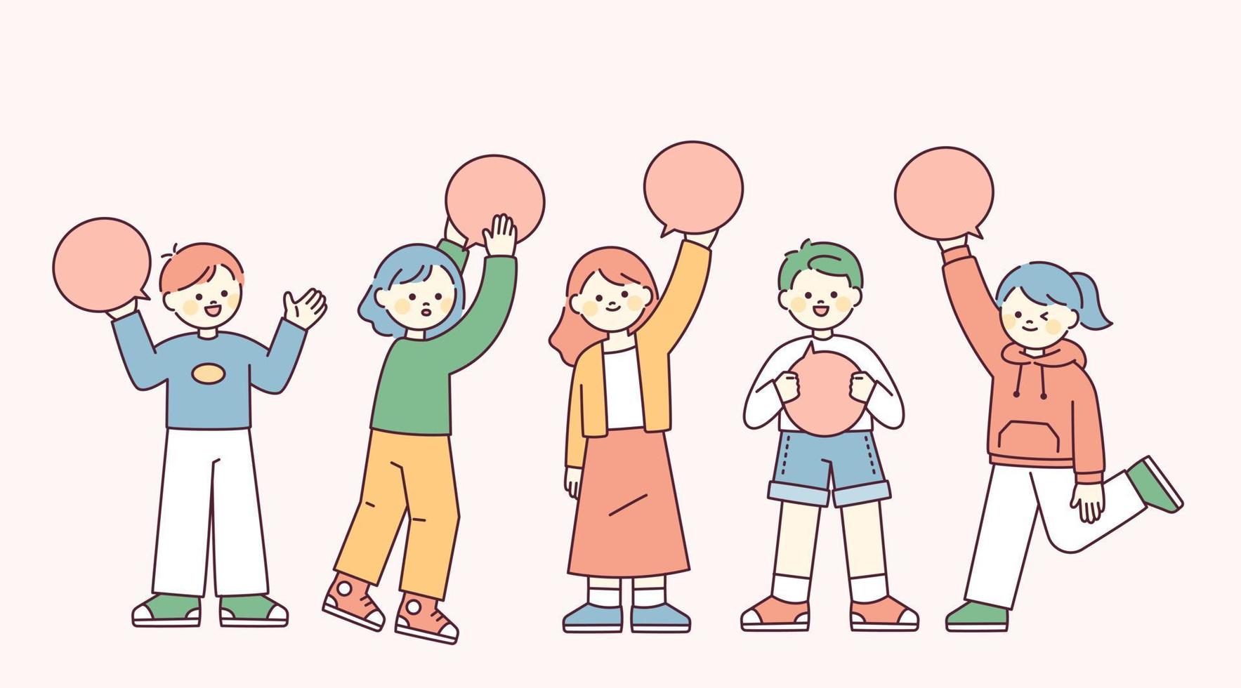 Cute children standing holding speech bubbles. outline simple vector illustration.