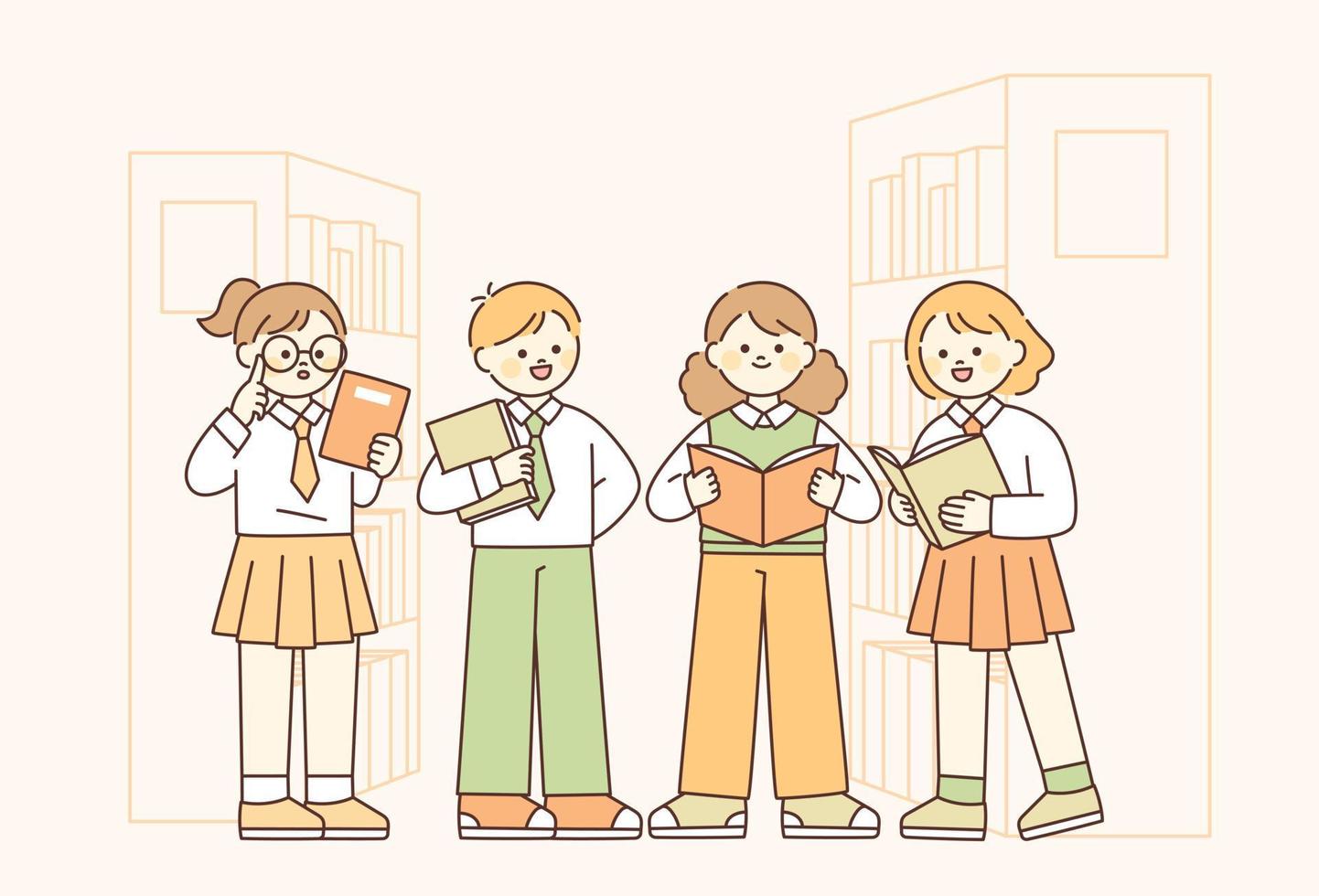 los estudiantes en uniformes escolares están en la biblioteca. cada uno está de pie con un libro. vector