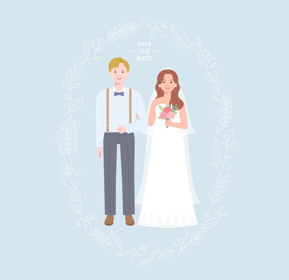 invitación de boda con lindos personajes de novio y novia de pie. vector