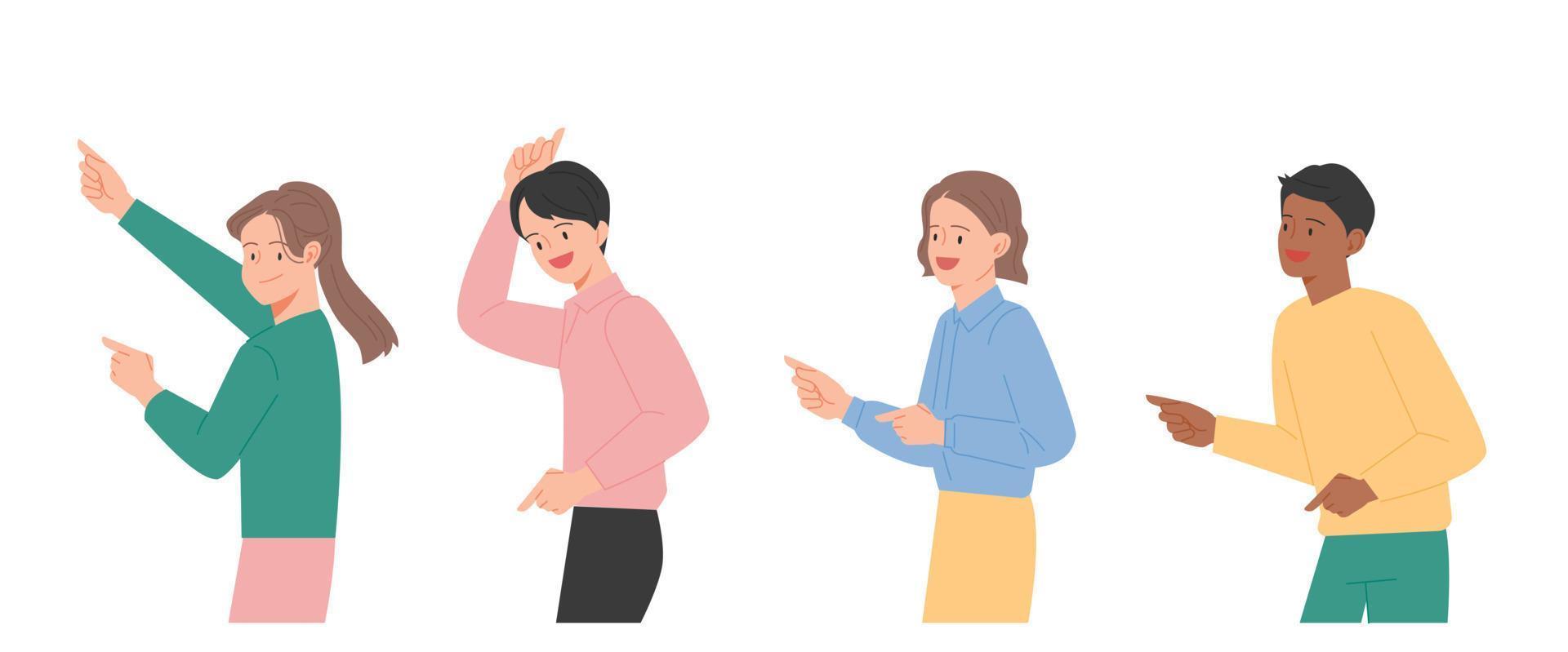 People are smiling with their fingers pointing to the side. vector