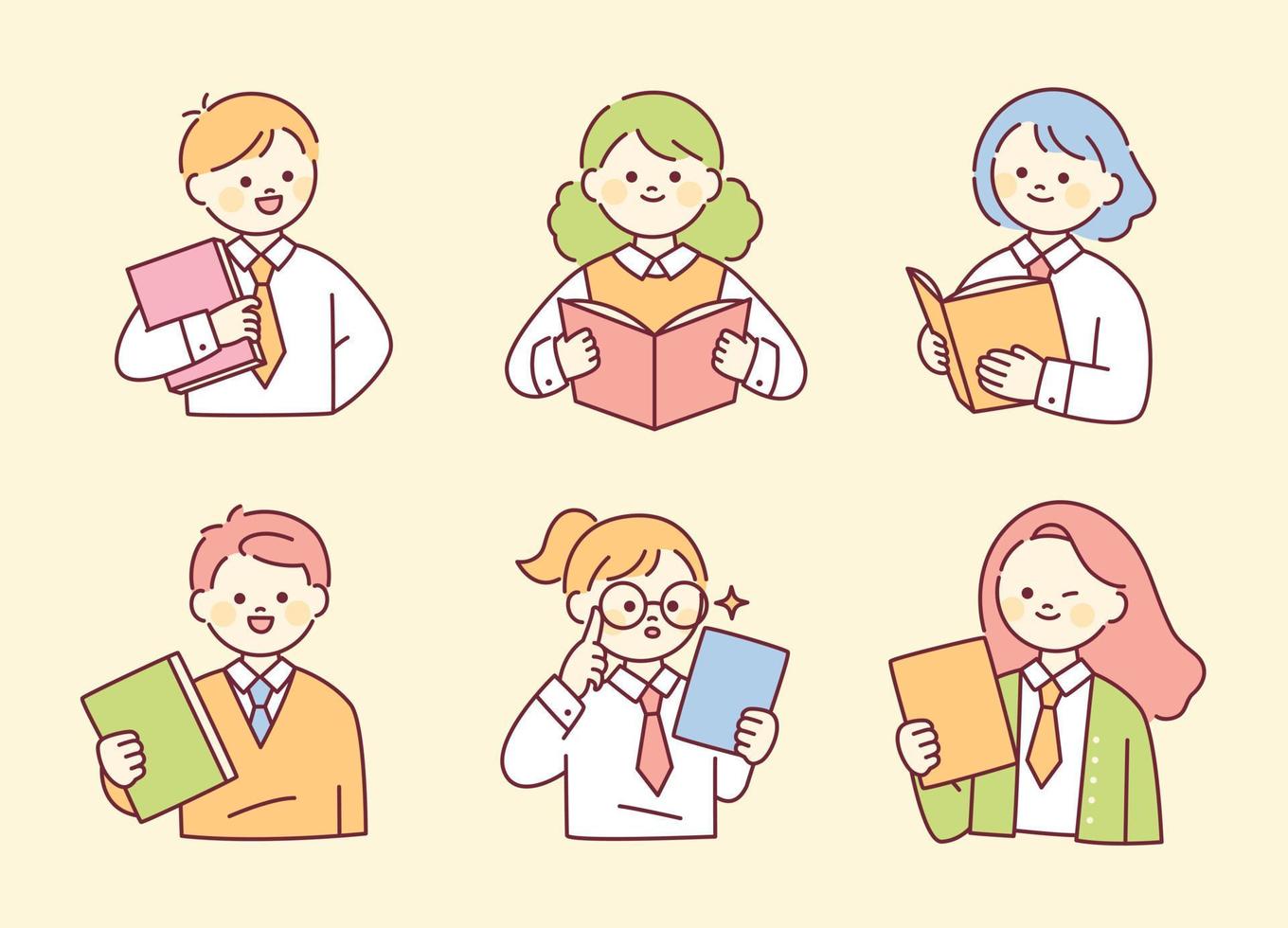 Cute round-faced children in school uniforms are holding books. outline simple vector illustration.