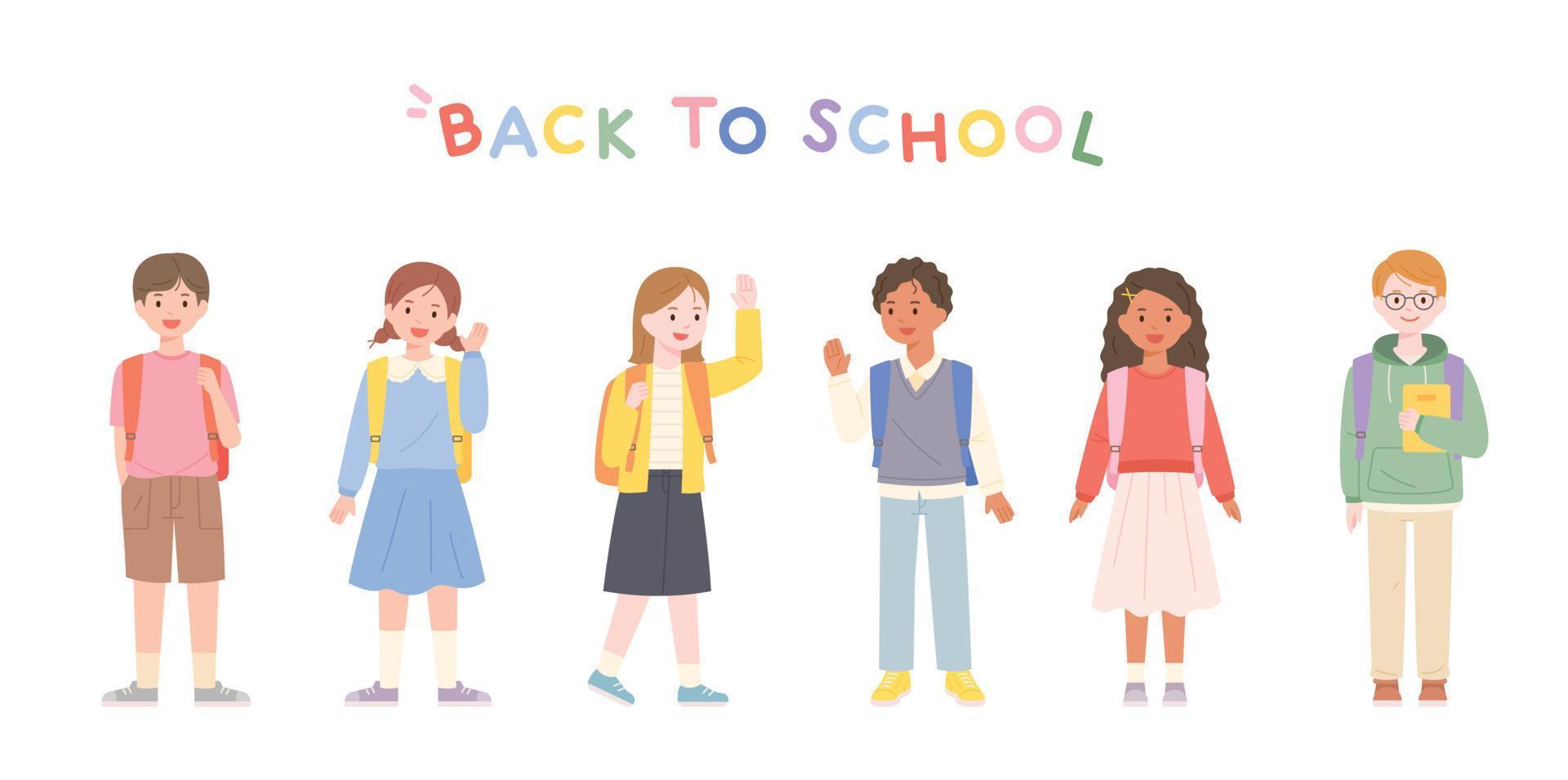 Back to school. Cute children standing with school bags. vector